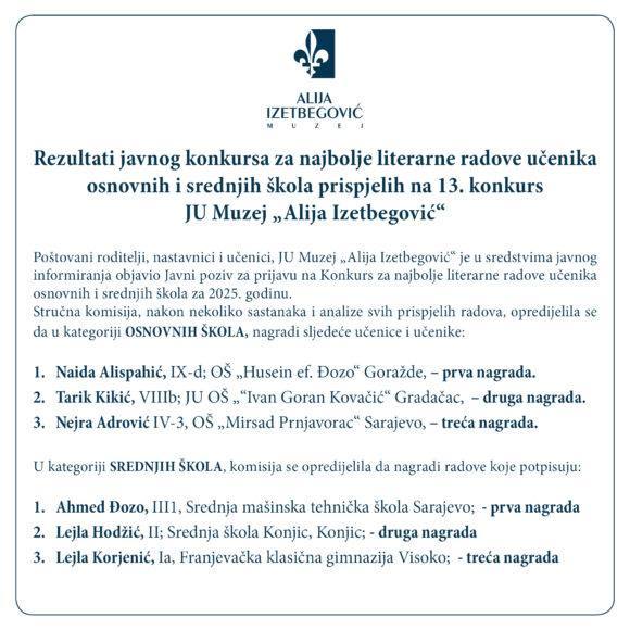 Rezultati javnog konkursa za najbolje literarne radove učenika osnovnih i srednjih škola prispjelih na 13. konkurs